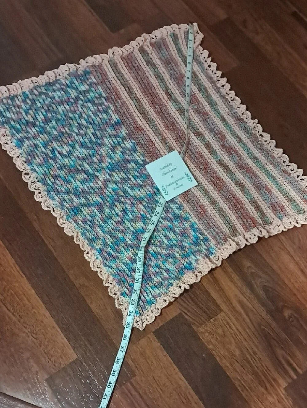 Handmade Multicolor Knit Baby Blanket with Peach Trim
